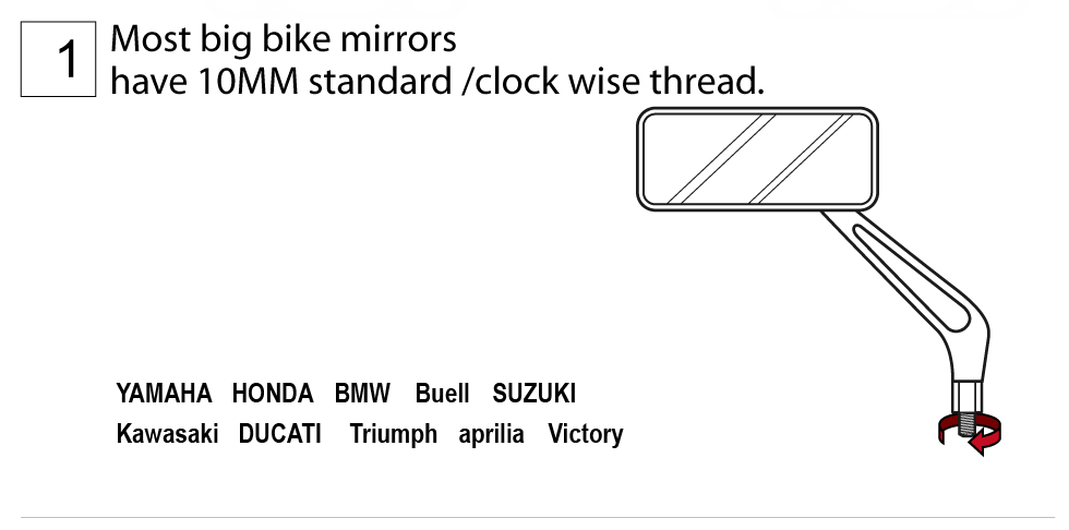 Most big bike mirrors have 10mm standard / clock wise thread