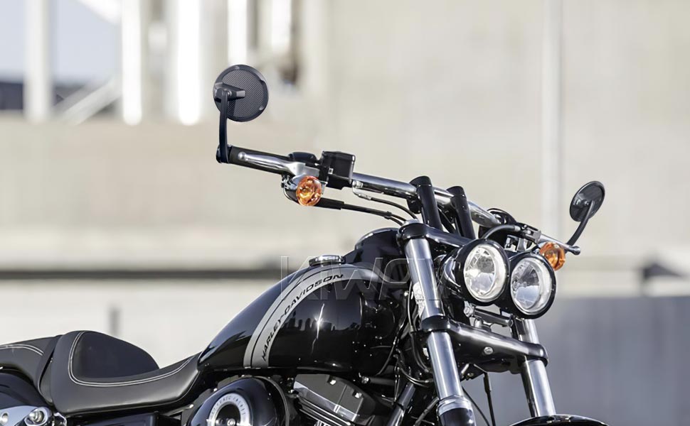 KiWAV matte carbon fiber mirrors Mamba on a Harley Fat Bob