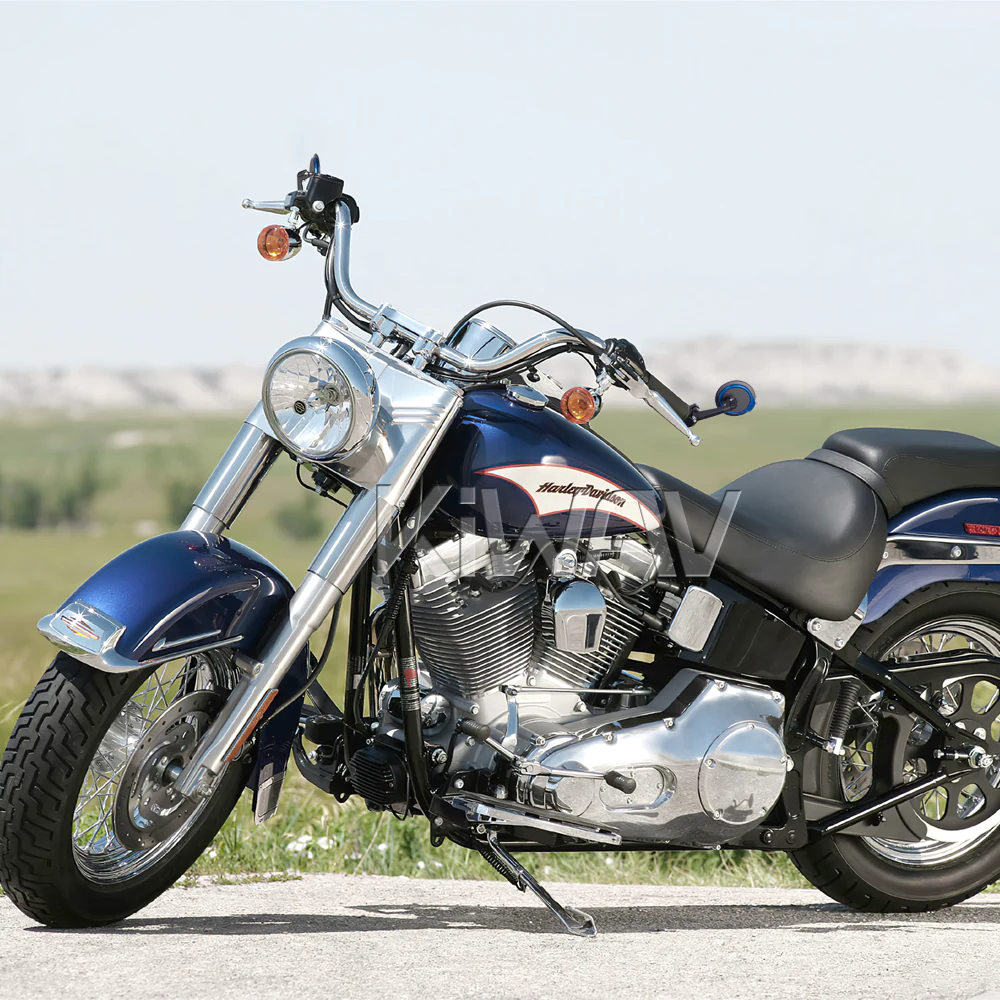 Aura blue bar end mirrors on a Harley softail breakout