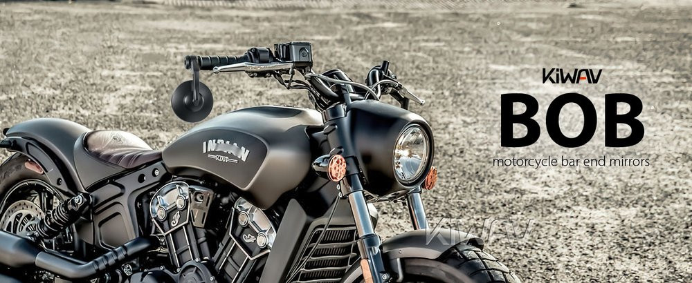 KiWAV Bob black bar-end mirrors on an Indian Scout Bobber threaded handlebar, shorter than stock and clearing the tank at full lock