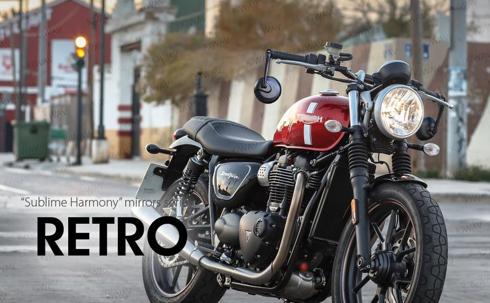 KiWAV Retro bar-end mirrors mounted on a red Triumph Street Twin, vintage round mirror styling on a modern classic motorcycle