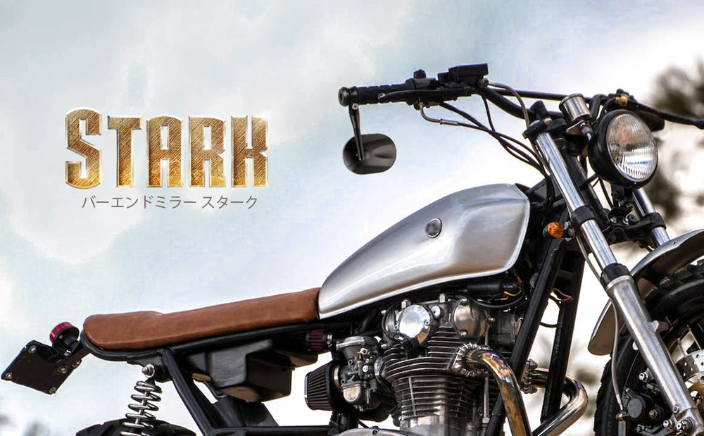 KiWAV Stark bar-end mirror mounted on a vintage Japanese standard motorcycle with silver tank, heavy weight thread-in design