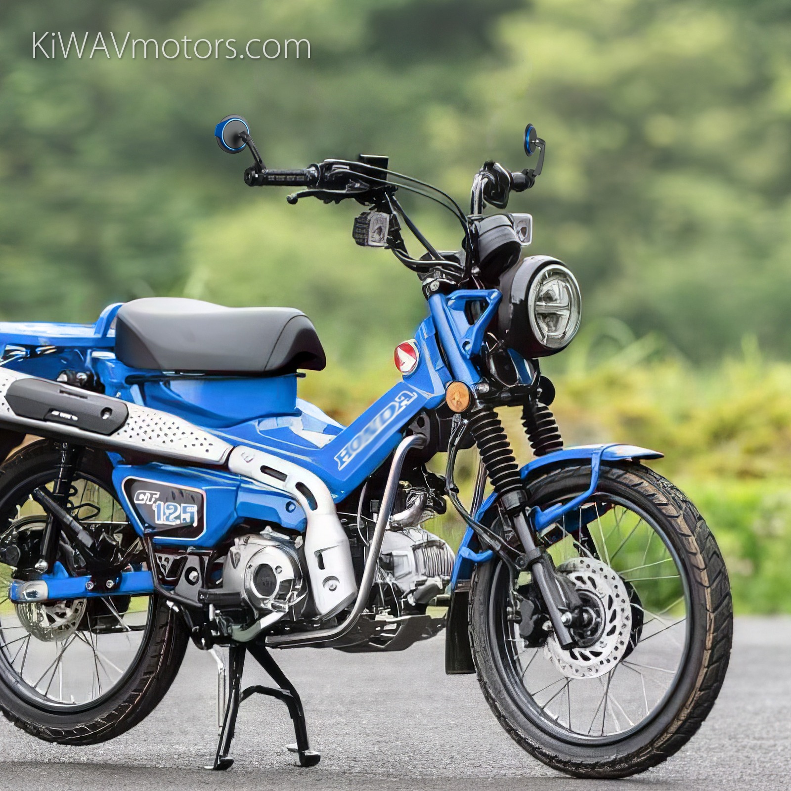 Blue Honda CT125 fitted with KiWAV Aura bar-end mirrors