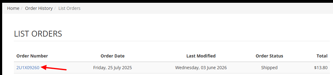Click on the order number