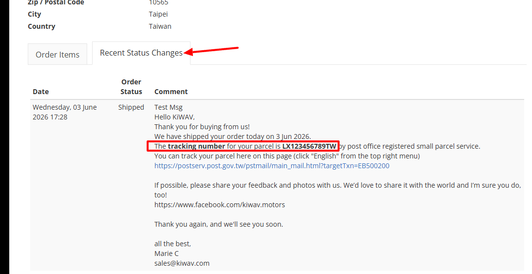 Check the tracking number on Recent Status Changes tab.