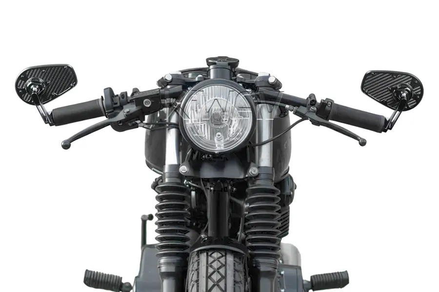 Bar-end mirrors mounted upward on a motorcycle