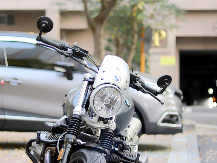 Bob bar end mirrors on a BMW R nine T motorcycle