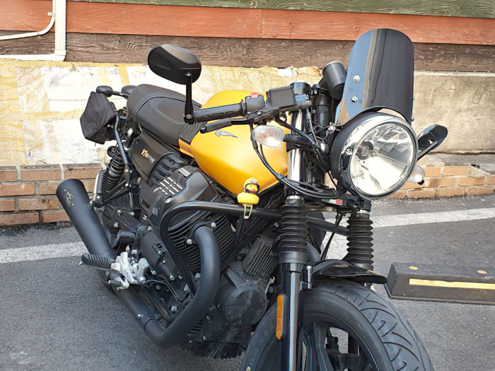 Stark mirrors on a Moto Guzzi motorcycle