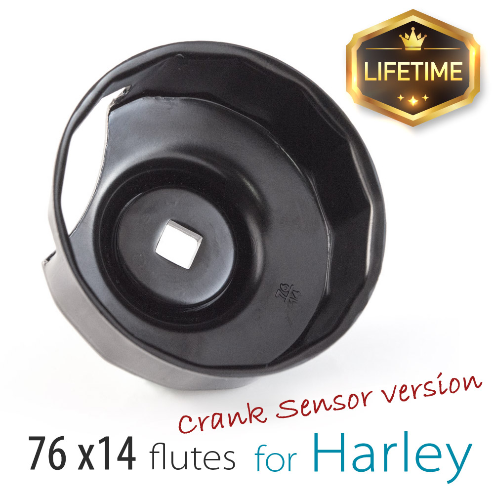 Oil filter cap wrench compatible with Harley Davidson with 76mm x 14 flutes (crank sensor)