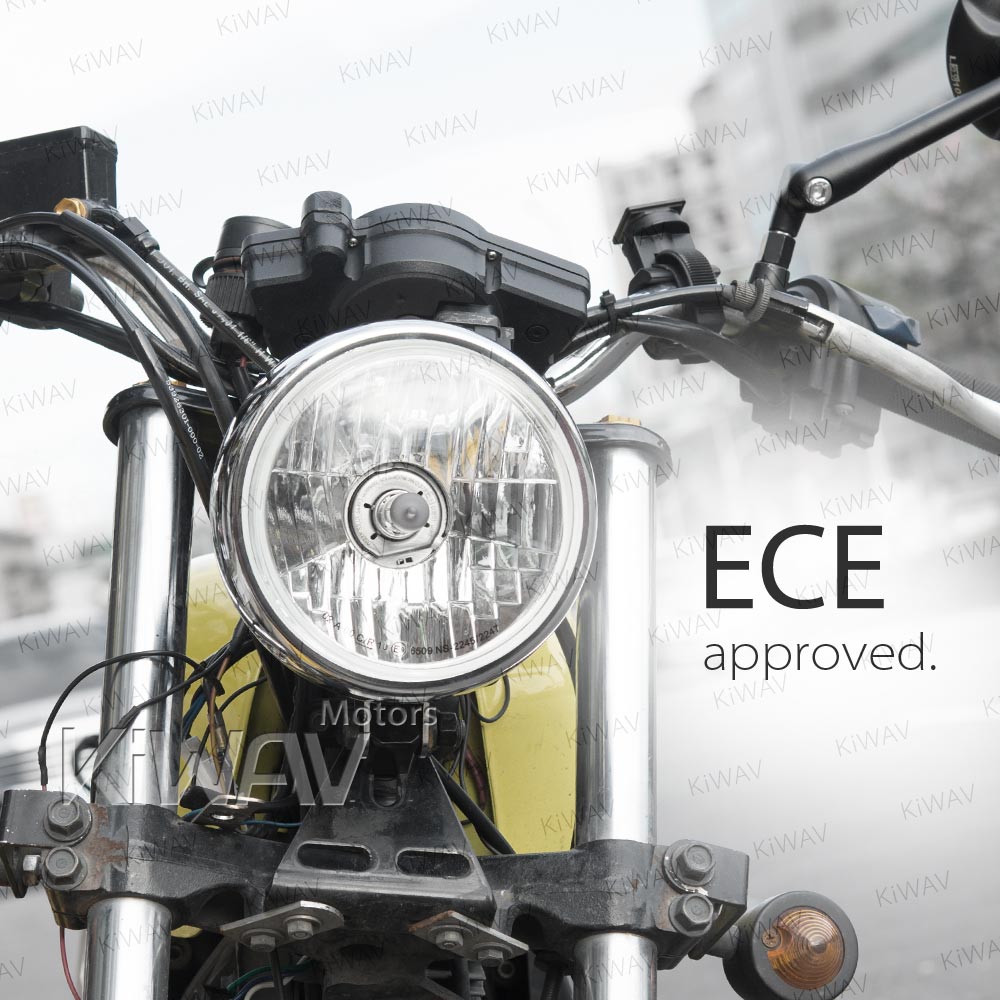 ヘッドライト: バイク用ヘッドライトアセンブリ 5-3/4インチ ECE認証 クロム ボトムマウント 左ハンドル/右側通行