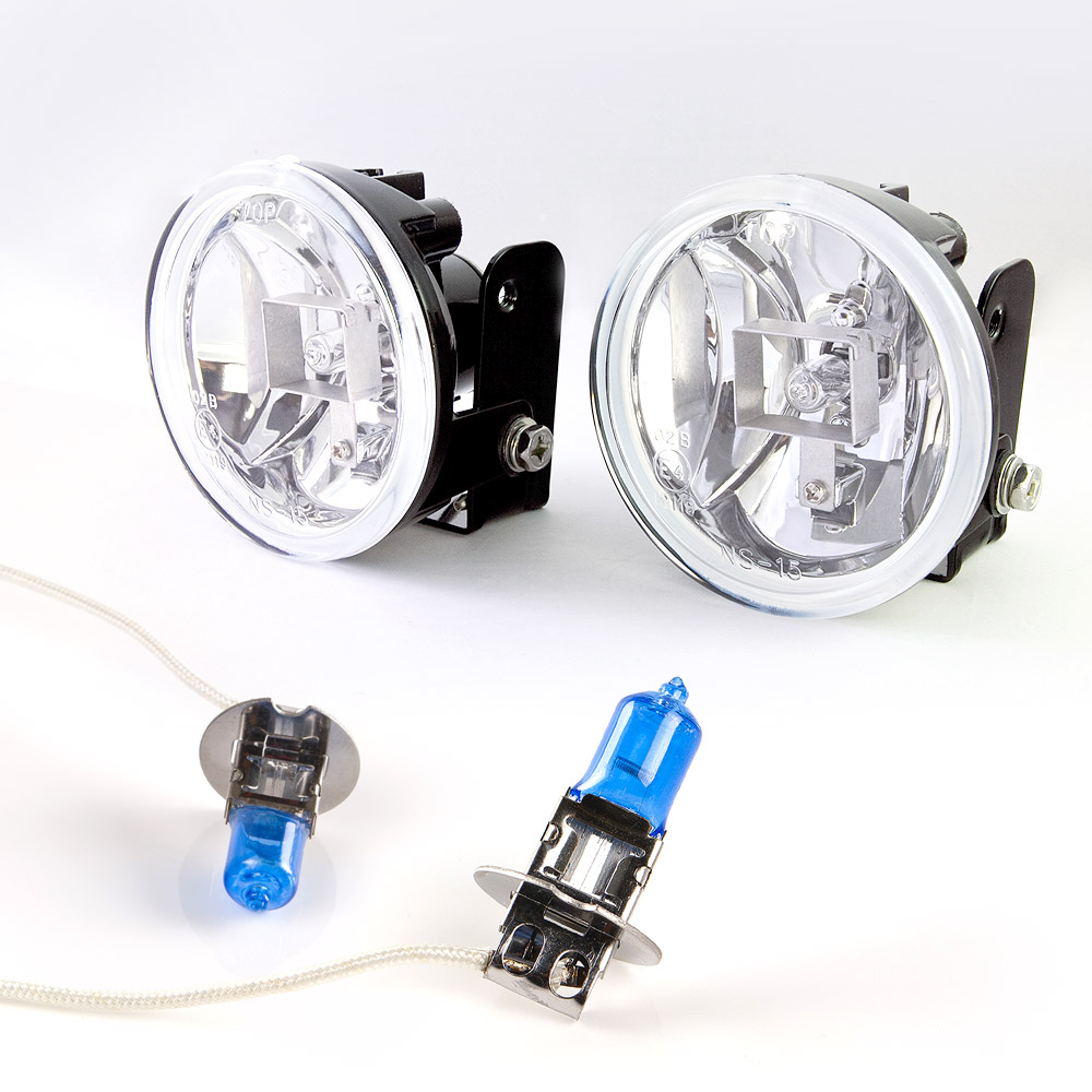 Fog lights metal mounting die-cast aluminum NS-15F + white H3 bulbs x pair