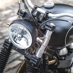 bates style, vintage style, old school, early model, retro, Side mount headlight with a black housing, and a 5-3/4
